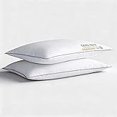 iFaon Ultra Thin Flat Soft Bed Pillows Standard Size Set of 2 Pack for Sleeping, Hypoallergenic Squishy Pillow for Stomach Back Sleeper, Machine Washable White Striped 20x26 inches