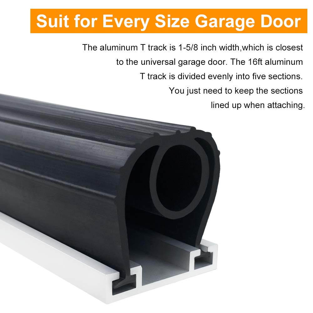Garage Door Seals Bottom Rubber with Pre-drilled Aluminum Track Retainer Base Kit,Heavy-Duty U Shape +O Ring Combination Garage Door Weather Stripping Kit (16Ft, Black)