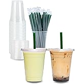 Aatriet 12 oz Clear Plastic Cups with Lids and STRAWS, Disposable Party Cups for To Go Iced Coffee Cold Drinks, Smoothie, Juice, Parfait, Frappuccino, Milkshake. No Leaking Fruit Cup, 25 Sets