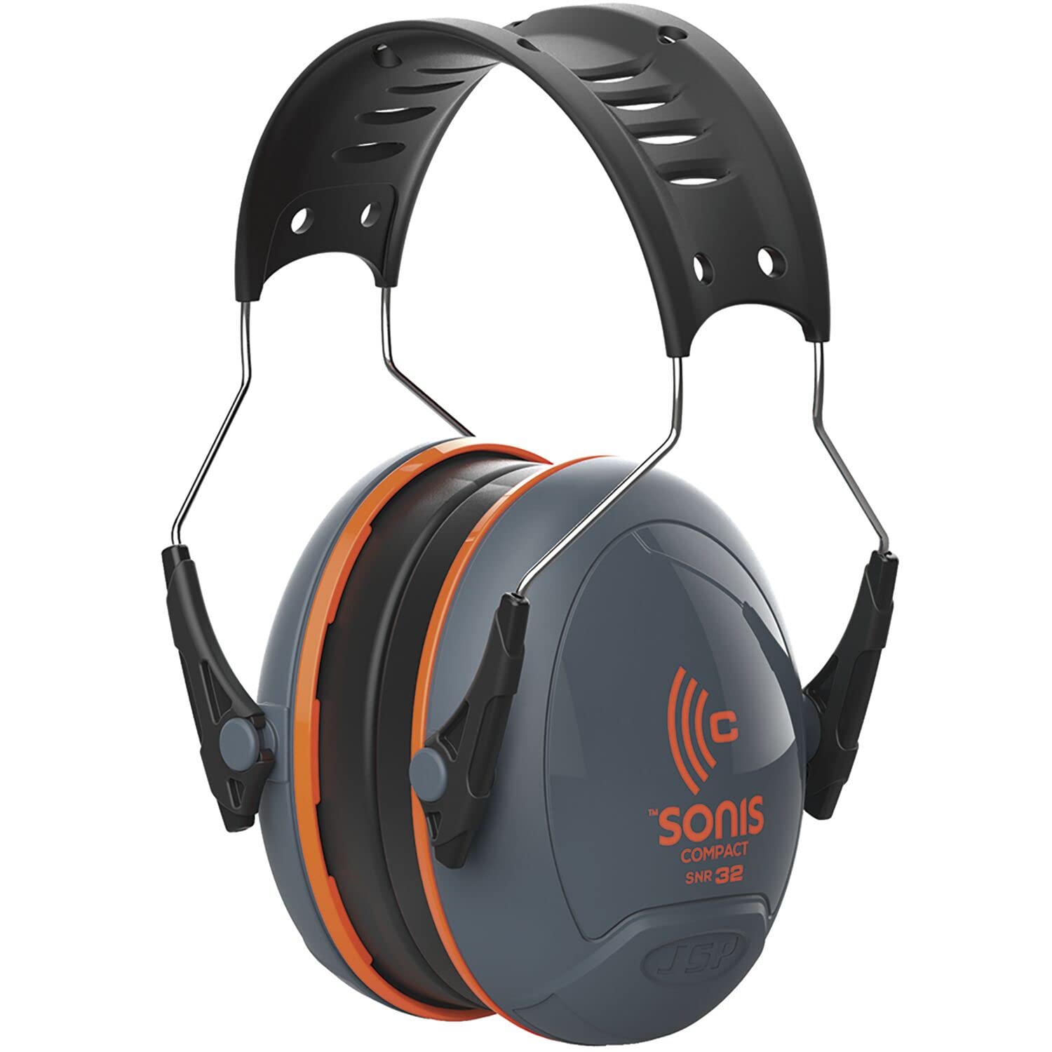 JSP SONIS COMPACT Adjustable Ear Defenders 32dB SNR - Grey/Orange - Hearing Protection Earmuffs for Adults - Flexible & Comfortable Fit - EN 352-1