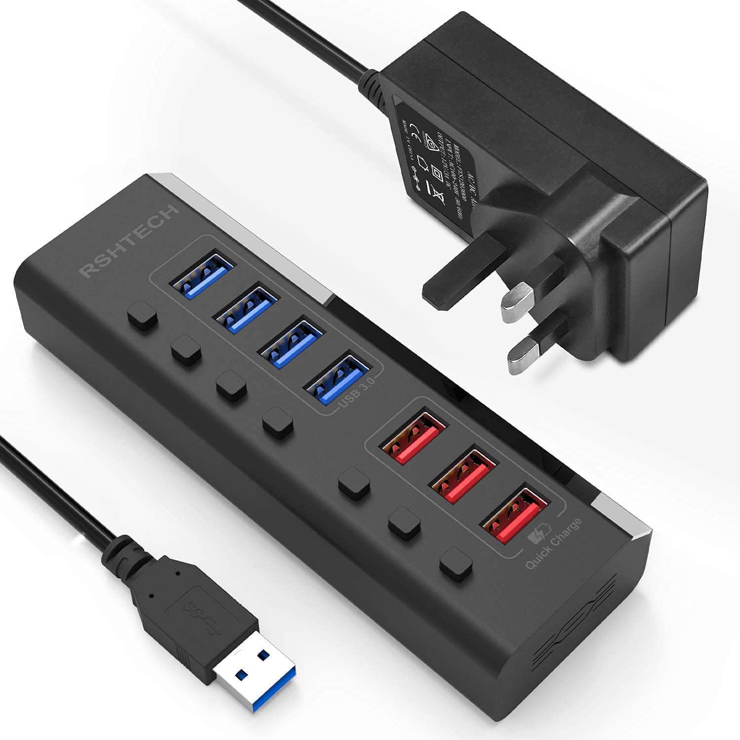 RSHTECH Powered USB 3.0 Hub, 7 Port USB 3 Hub Extension (4 USB 3.0 Data Port + 3 Fast Charging Port) with Individual On/Off Switch and 12V/3A Power Supply (RSH-A37) โ image 1