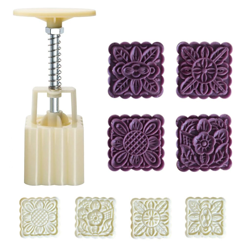 Mooncake Mold,Asudaro 4Pcs Stamps 125g Square,Flower Pattern Mooncake Biscuits Stamping Mould for Baking DIY Cake Cookie Biscuit Dessert