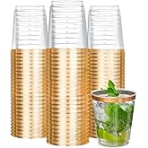 R-kay 50 Pack Gold Plastic Cups For Party - 8 Oz Clear Party Cups Disposable - Hard Disposable Cups - Heavy Duty Gold Cups - Disposable Cocktail Glasses - Plastic Glasses (Gold)