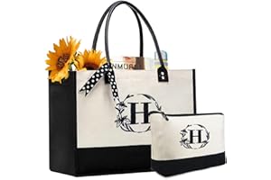 BeeGreen Initial Canvas Tote Bags Personalized Birthday Gift for Women, Embroidery Monogram with Leather Handle