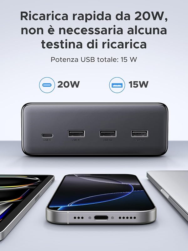 10 IN 1 Ciabatta Multipresa Elettrica 6 Prese AC 4USB 3680W Tipo E F