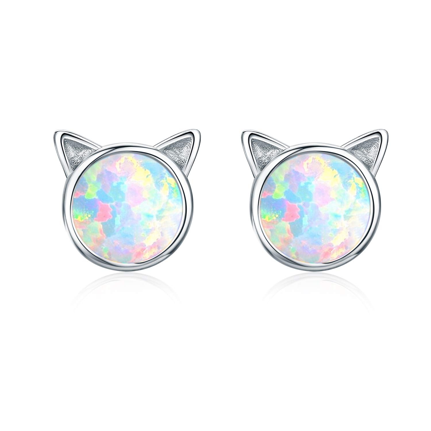 Cat Earrings Opal Stud Earrings for Women, S925 Sterling Silver White Gold Platinum Plated Cute Cat Earrings for Girls , Mini Cat Earrings for Women Kids, Sterling Silver Platinum, Opal