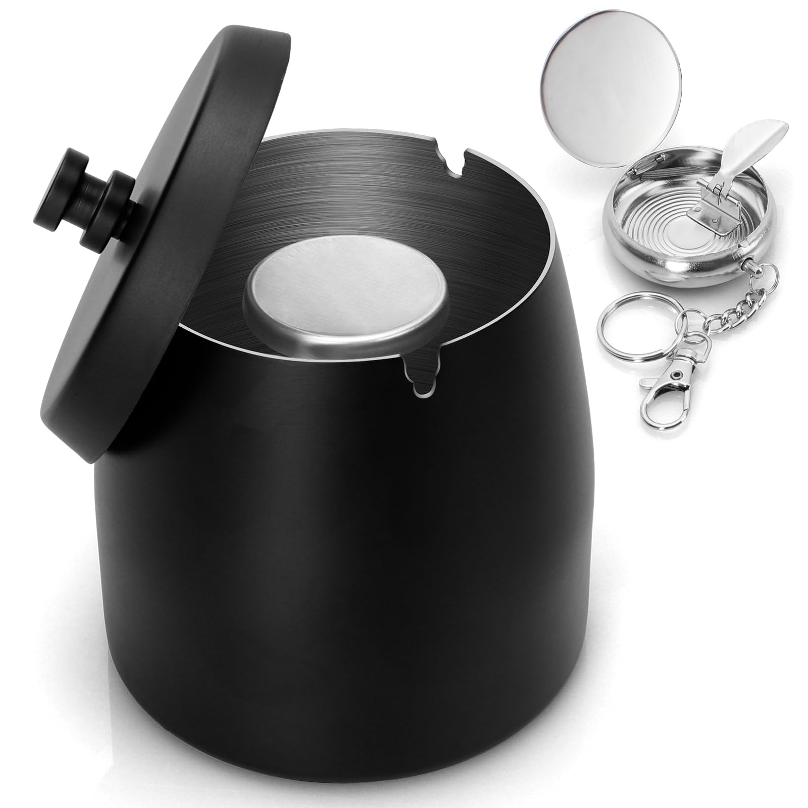 Alyvisun Desktop Trash Container Tray, Stainless Steel Desk Ash Can with Lid and Portable Tray, Smell Proof & Windproof, for Outdoor, Office, Home Decor, Black [10 * 9 * 10 cm]