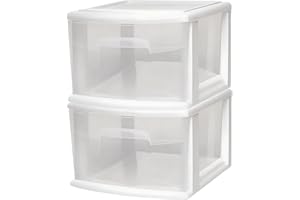 HOMZ 2-Pack 1-Drawer Storage Cart, Clear Plastic Container, 14.25" Wide Medium, White Frame - Organizing Drawer Containers for Home, Bathroom, Bedroom, Office, and Classroom
