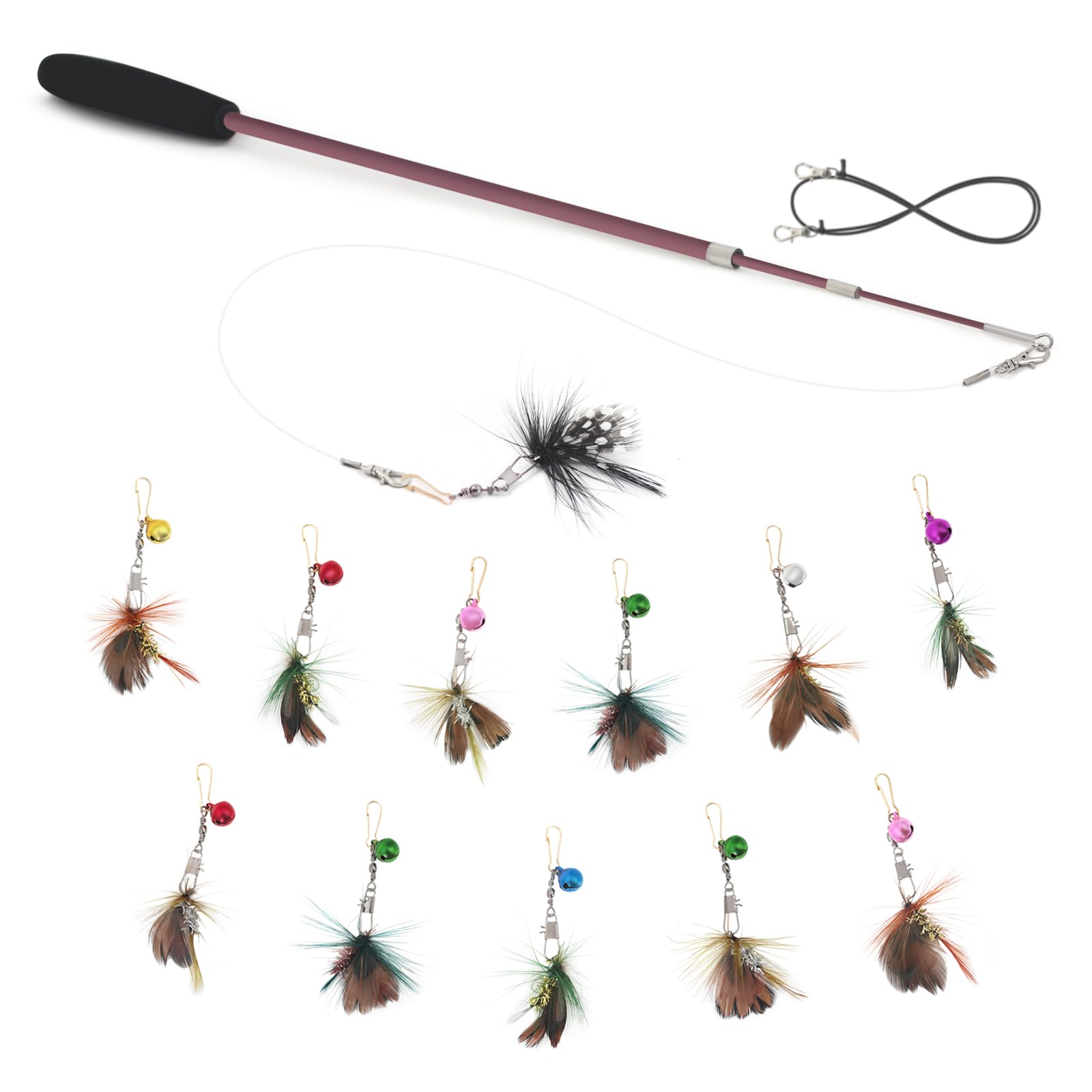 SONGWAY Feather Teaser Wand - 10 Pcs Cat Toy Set, Retractable Wand and 9 Insect Feather Refills with Bells, Interactive Indoor Cat Kitten Exercise Playing — image 1