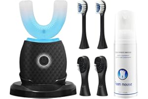 U-Shaped Ultrasonic Electric Toothbrush for Adults, Hands-Free 360° Cleaning with All-in-One Foam Mousse, Blue LED Light, 4 R