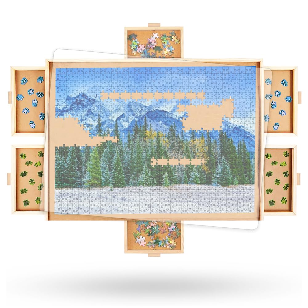 Photo 1 of 1500 Piece Wooden Jigsaw Puzzle Board - 6 Drawers, Preassembled Rotating Puzzle Table | 35” X 28” Jigsaw Puzzle Board | Puzzle Cover Included - Portable Tables for Adults and Kids