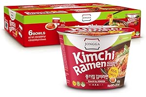JONGGA Kimchi Ramen with Real Kimchi 4.9 oz Pack of 6, Korean Instant Hot and Spicy Noodle Soup, Authentic Savory Ramen Bowl, Quick and Convenient