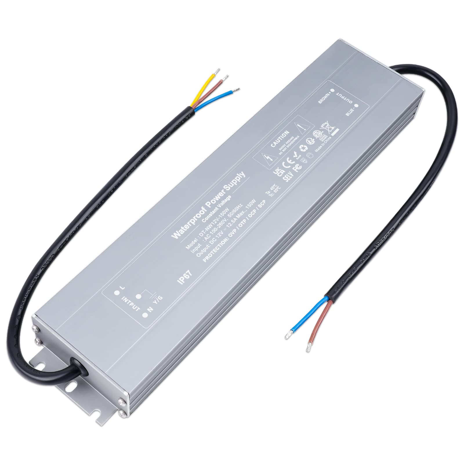 VARICART Outdoor LED Driver 12V 150W 12.5A, IP67 Waterproof Lighting Transformer 240 to 12V DC, Ultra Slim Constant Voltage PSU Adapter, Low Voltage Power Supply for Garden Outdoor LED Strip Light