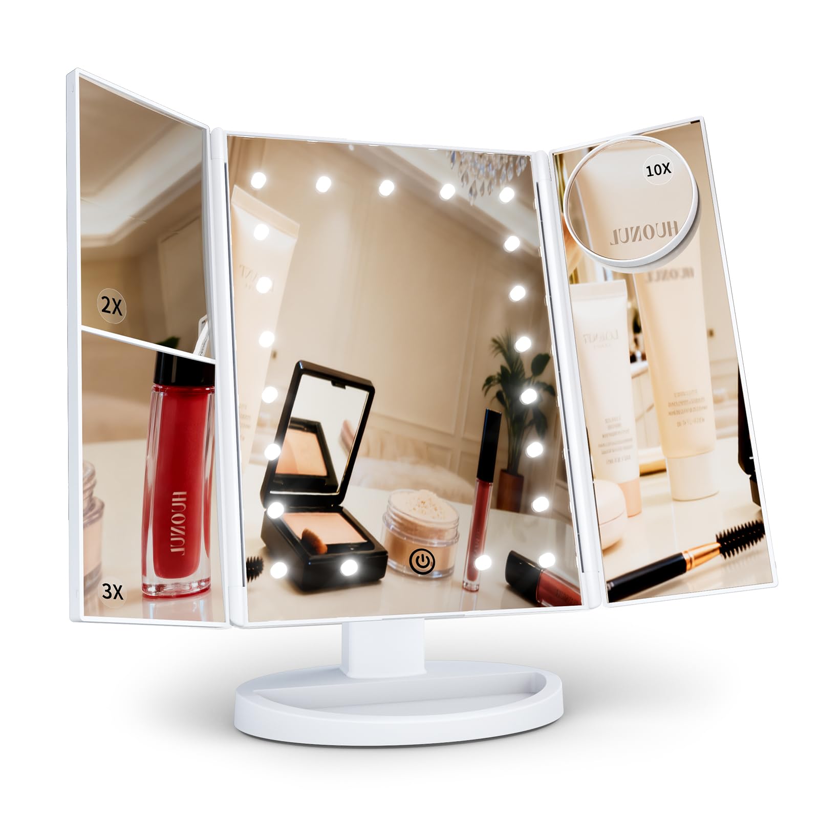 HUONUL Makeup Mirror Vanity with Lights, 2X 3X 10X Magnification, Touch Control, Trifold Mirror, Dual Power Supply, Gifts for Women, Wife, Mom, Teengirls(White)