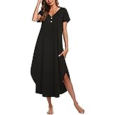 Ekouaer Long Nightgowns for Women Button Night Gowns Short Sleeve Sleepwear Full Length Sleep Shirts With Pockets S-2XL