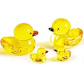 YWHL Yellow Glass Duck Family Figurines, Crystal Animal Collectible Sculptures Home Decor, Mini Duck Parents and Kids Statues Sets 4 Pcs for Kids on Birthday Christmas