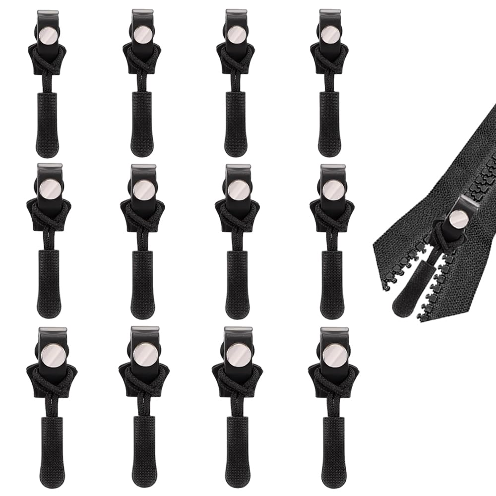 JiuRuLia 12 PCS Removable Zipper Puller Black Zipper Replacement Extension & Fixing Zip Slider for Clothes Jeans Bags Luggage Suitcases