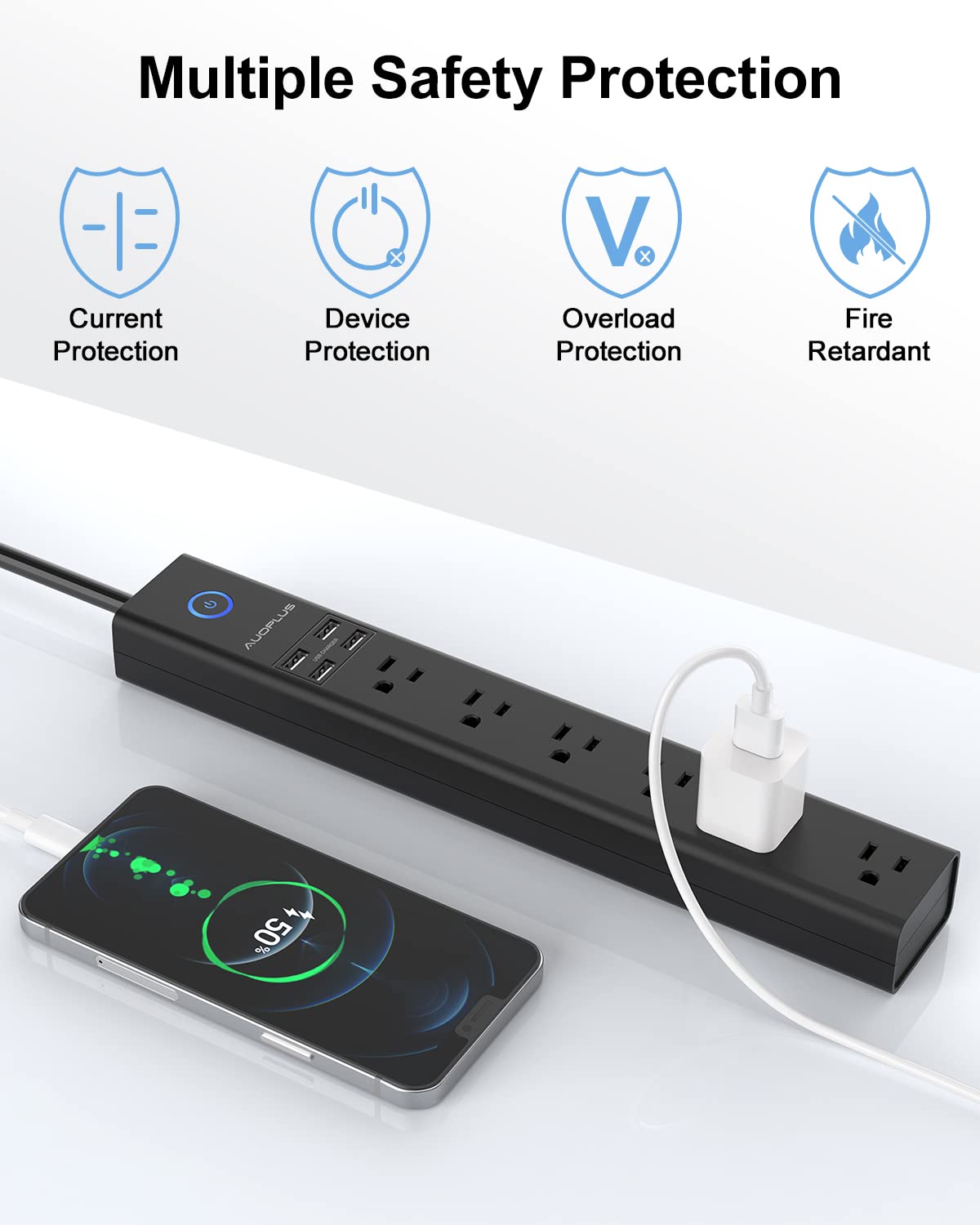 Surge Protector Power Strip with USB, AUOPLUS 10FT Outlet Strip, 6 Outlet and 4 USB Charger,[Flat Plug/Wall Mountable], 1250W/10A/2100J, Long Extension Cord for Computer iPhone Home Office Dorm