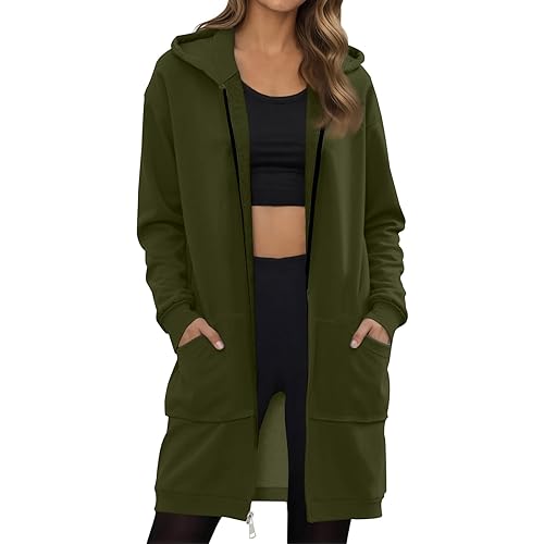 Long Hoodies for Women UK Fleece Longline Hooded Zip Up Sweatshirt Jacket with Pockets, Casual Ladies Full Zip Cardigan Coat for Autumn Winter Spring Army Green