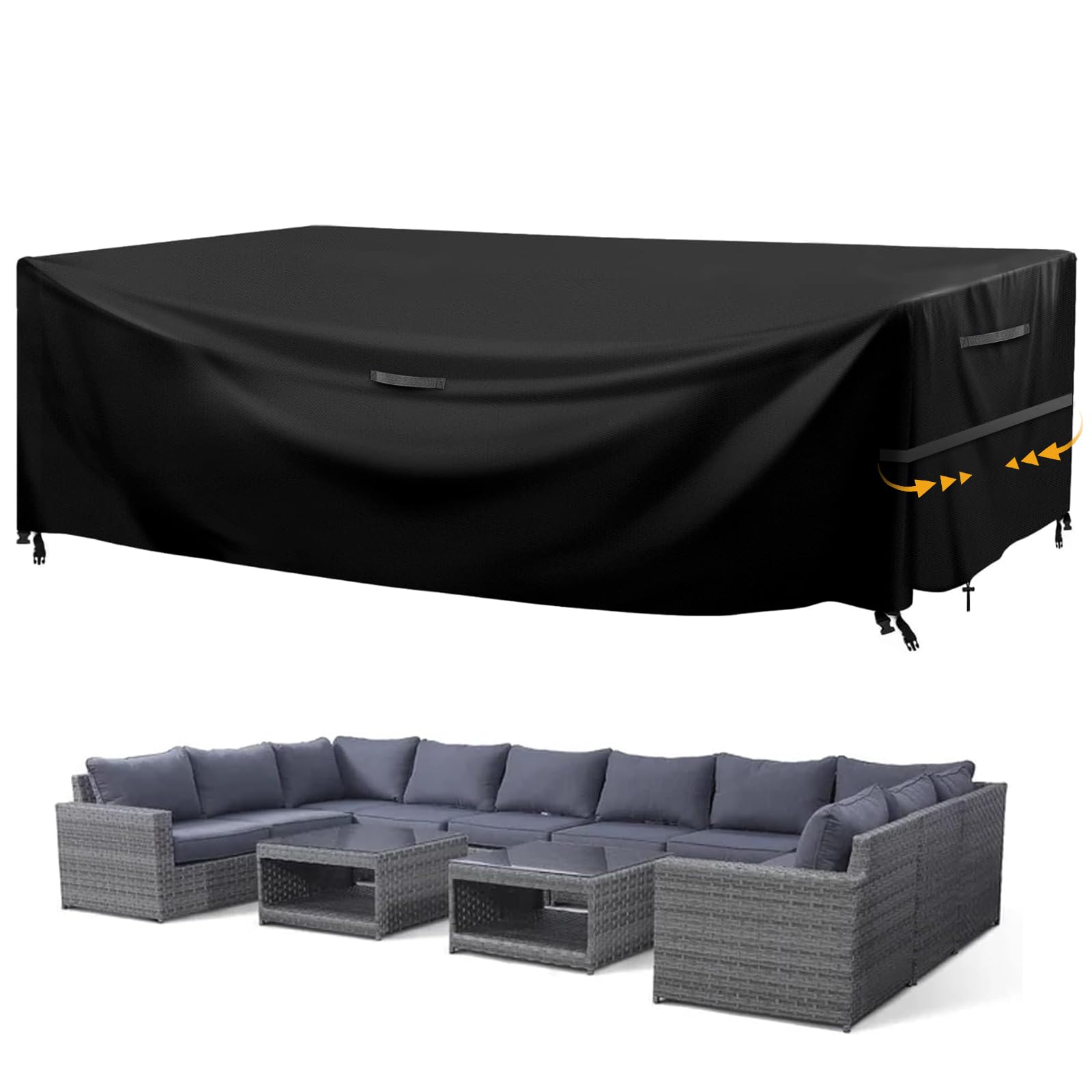 Garden Furniture Covers Waterproof, 315x180x74cm Oxford Fabric Outdoor Sofa Cover Windproof Sunproof with Handle Strap Drawstring Buckle for Garden Sofa, Table and Chair Set (Black, Rectangular)