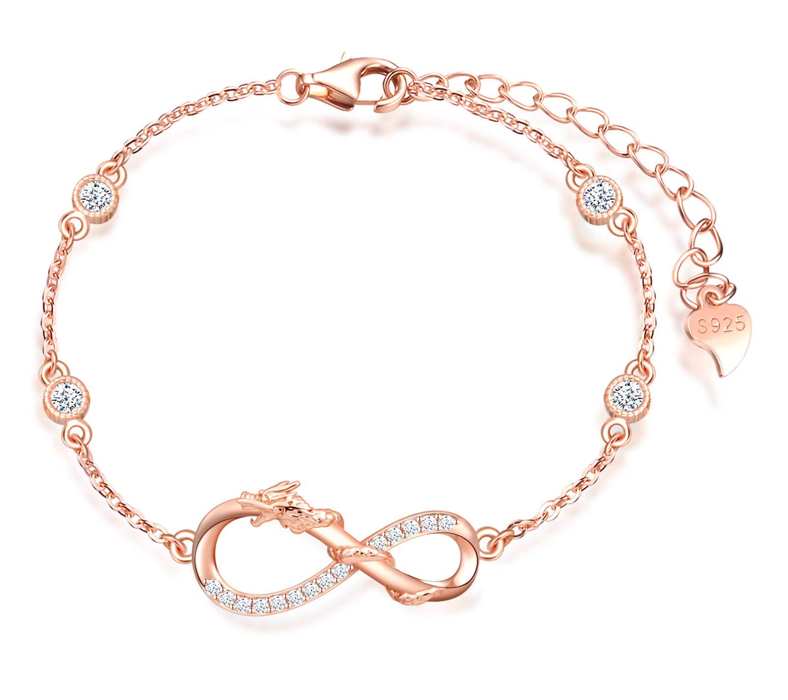 MicLee Woman's Girl's Sterling Silver Bracelet, Lucky Dragon & Infinity Symbol, Inlaid Zircon, Adjustable Chain, Rose Gold