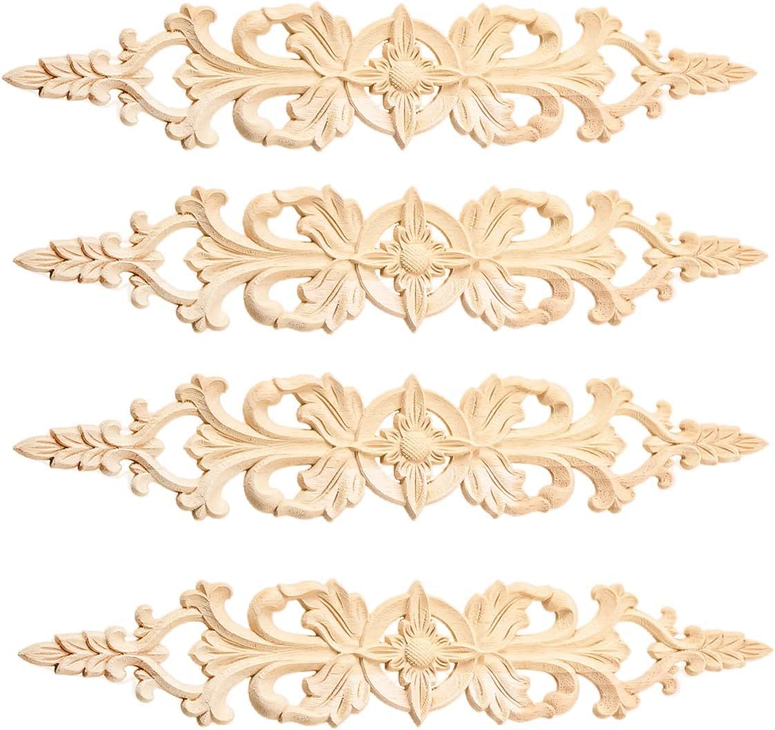 MUXSAM 4Pcs Wood Onlay Decal Corner Applique Unpainted Oak Carved Wave Flower Pattern for Home Furniture Decoration 33 * 6cm
