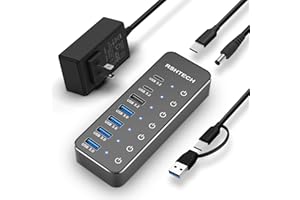 RSHTECH 7-Port Powered USB 3.2/USB C Hub with 10Gbps USB-A 3.2, 2 USB-C 3.2, 4 USB 3.0 Ports, Individual Touch Switches, 3.3ft Cable and 5V Power Adapter, USB Hub Splitter for Laptop/PC, RSH-ST07C