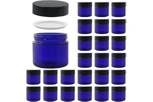 BPFY 24 Pack 2 oz Round Blue Glass Cosmetic Jars with Inner Liners and Black Lids, Travel Jars, Refillable Containers for Makeup, Cream, Lotion, Sugar Scrubs, Eye Shadow, Slime, Paint, Jewelry