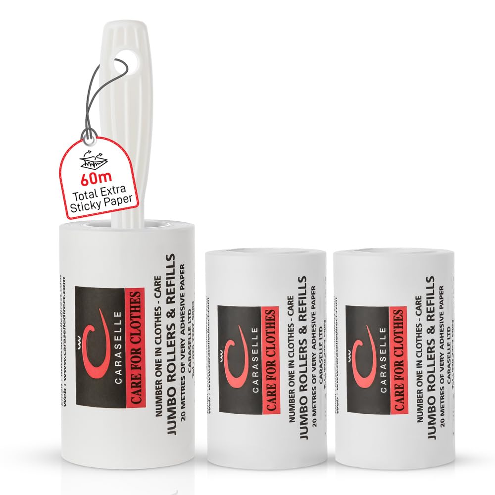 Caraselle Jumbo Lint Remover – 60m total (≈600+ Sheets Equivalent) Extra Sticky Lint Roller for Dog Cat Hair on Clothes, Sofa, Furniture, Continuous No-Perforation Paper Stays Extra Sticky To The End