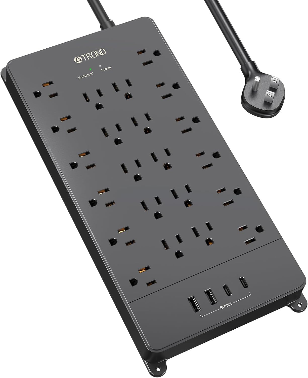 TROND Surge Protector Power Strip, 5ft Flat Plug Extension Cord with Multiple Outlets, 22 Widely Spaced AC with USB Ports, 4000 Joules, Heavy Duty, Wall Mount, Under Desk, ETL Listed, Black Image