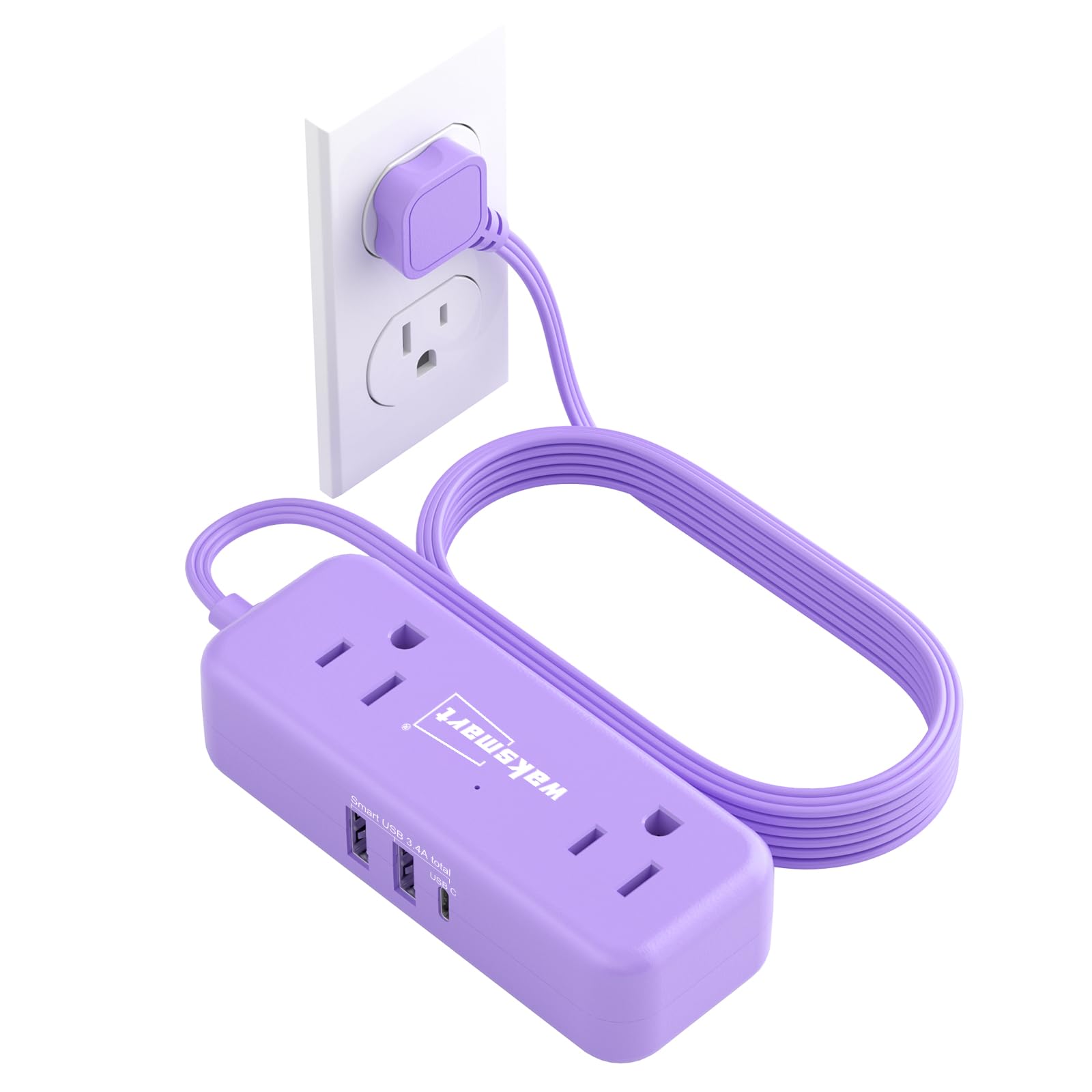 Purple Small Power Strip, 4 AC Outlets 3 USB Ports (17W Fast Charge), 5 Ft Flat Extension Cord, Travel Cute Kawaii Purple Desk Accessories