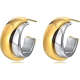Chunky Hoop Earrings for Women 14k Gold Plated Mixed Metal Earrings Two Tone Hoop Earrings Gold and Silver Hoops Earrings Double C-Shaped Earrings Trendy Jewelry Gifts