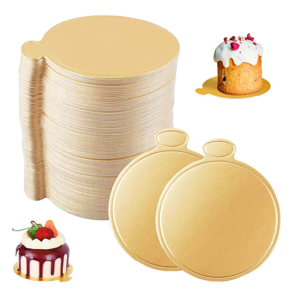 sinzau 100 Pcs Round Mousse Gold Cake Board, Reusable Gold Mini Cake Dessert Display Tray, Tray Cake Boards, Cake Drum, Mini Cardboard, Cake Bases for Wedding Birthday Christmas