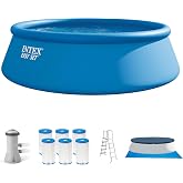 INTEX Easy Set 15ft x 48in Round Above Ground Swimming Pool Set Bundle | 26167EH - 1000 GPH Cartridge Filter Pump, Ladder &amp; Pool Cover with Type A Filter Cartridges (6-Pack) Included