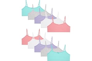 Rene Rofe Girls Training Bras - 10 Pack Soft Stretch Cotton Bra, Cami Style Girls Underwear with Adjustable Straps (7-14)