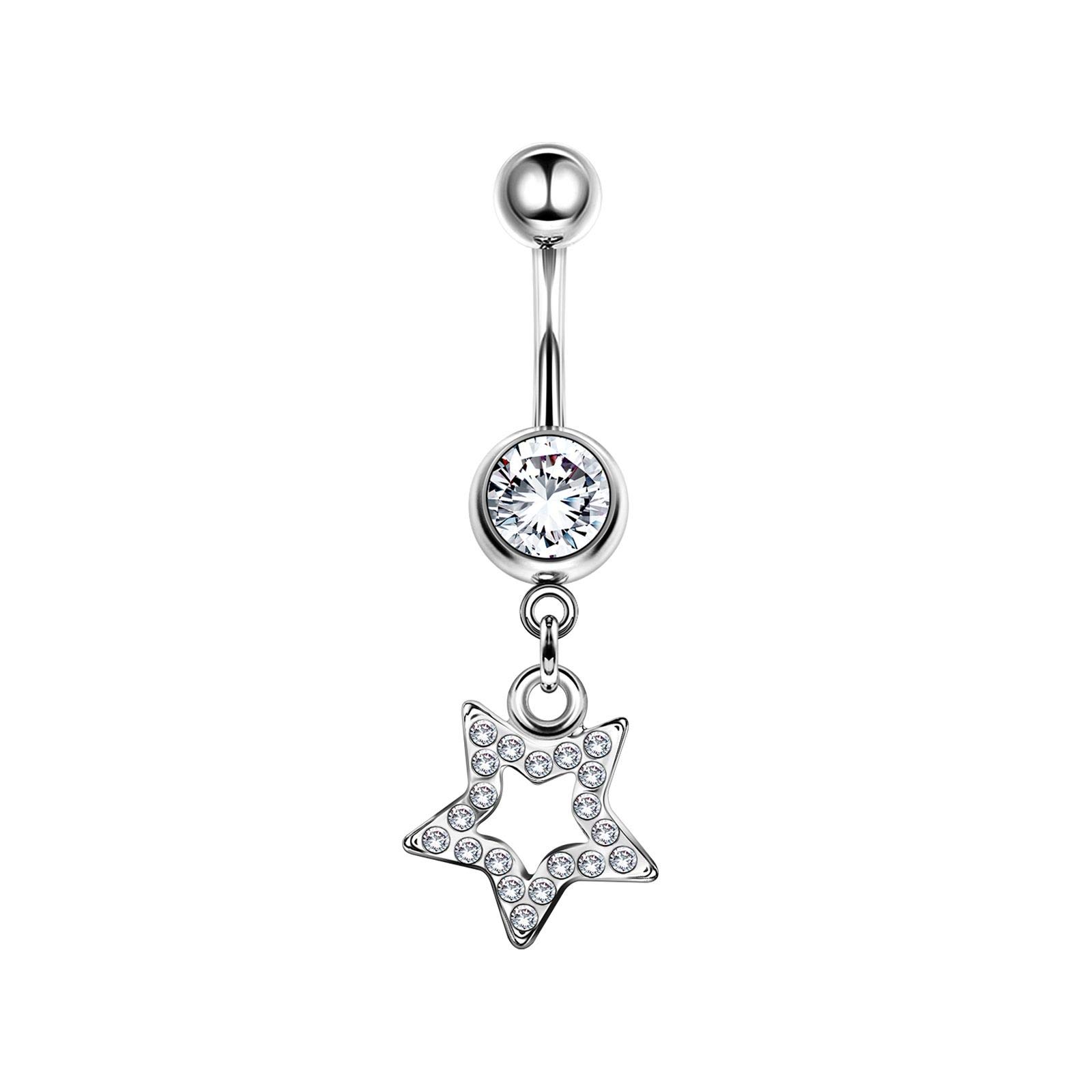 BanaVega Stainless Steel Danging Belly Piercing Ring Star shape 16g 3/8 10mm 8mm Clear Crystal Ball Earrings Piercing Jewellery 5154
