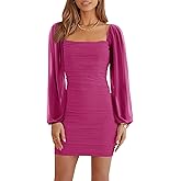 Ofenbuy Women's Mesh Long Sleeve Dress Square Neck Ruched Mini Bodycon Dress Stretch Party Cocktail Dresses