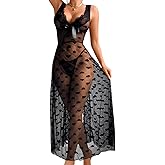EHSUYAB Women Sexy Lingerie Dress With Slit, Heart Bow Floral Lace Valentines Gift, G String Sheer Mesh Long Nightgown Exotic