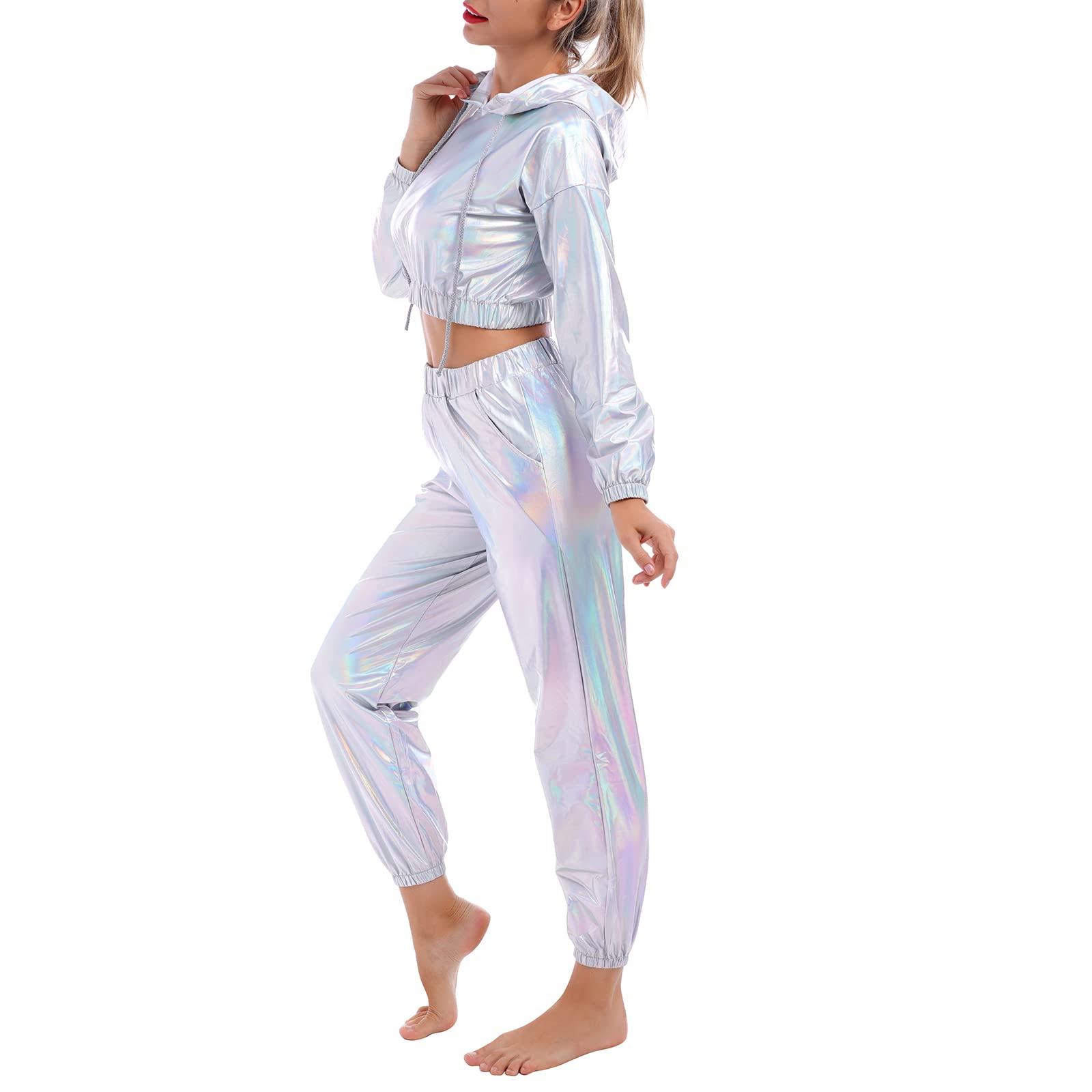IMEKIS Women's Rave Outfit Shiny Crop Top Hoodie Metallic Casual Long Pants Hooded Workout Sweatshirt Disco Dance Clubwear