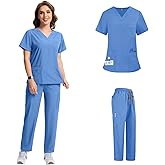 KUMUROETA Healthcare Scrub for Women,V-Neck Caregiver Scrubs,Comfortable,Loose Fit Top and Pants Set with Pockets,Doctor,Nurse,Dentist,Deep Sky Blue,M