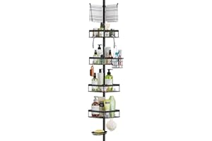 Dobyusf Shower Caddy Tension Pole - Rustproof Metal Shower Shelf with Adjustable Height and Large Capacity - Versatile Bathroom Organizer for Hanging Baskets, Soap and Towels-Black