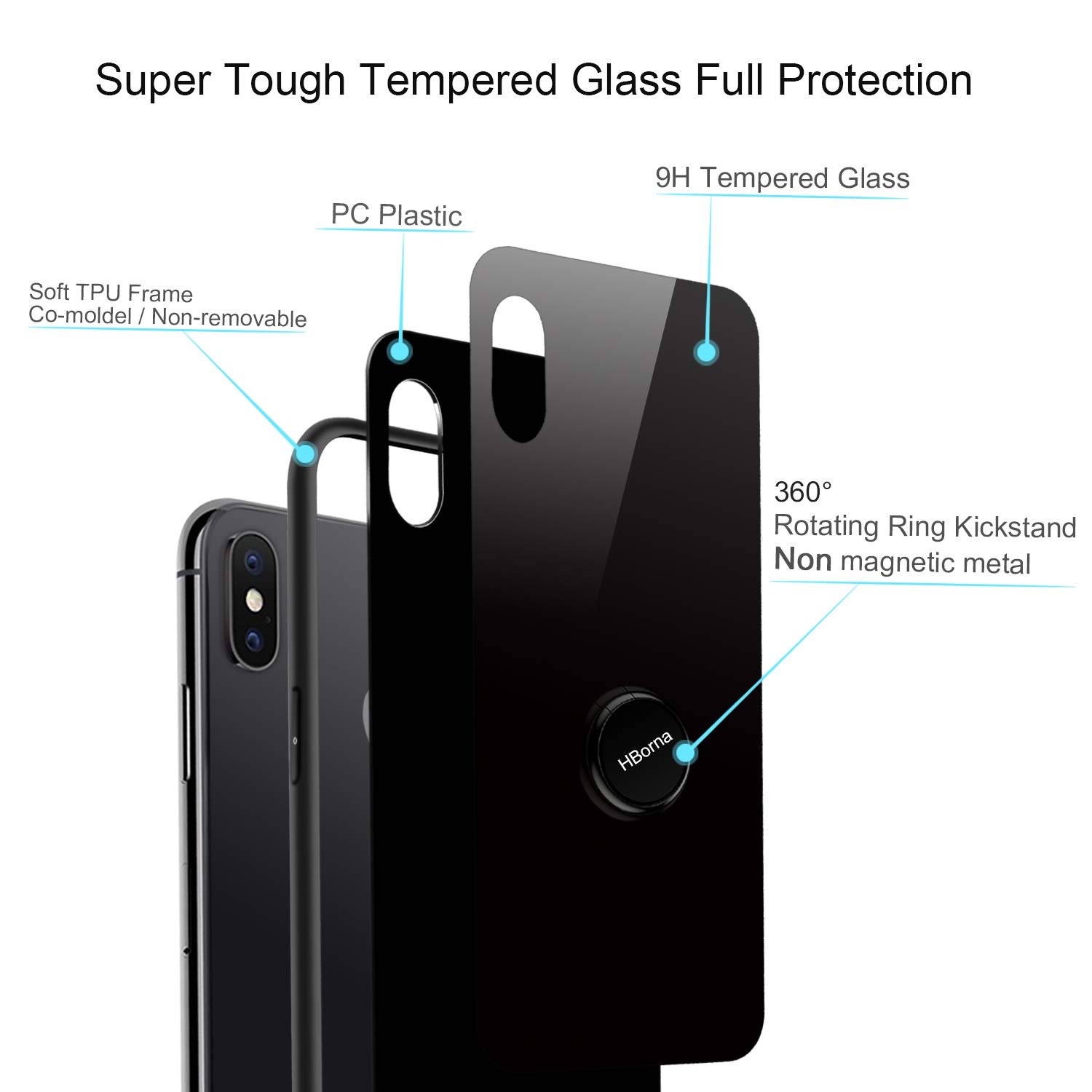 iPhone X Case, Black Anti-scratching Tempered Glass Back Cover Phone Case with Ring Kickstand, TPU Shock-Absorption Frame Protective Phone Case for Apple iPhone X, iPhone 10
