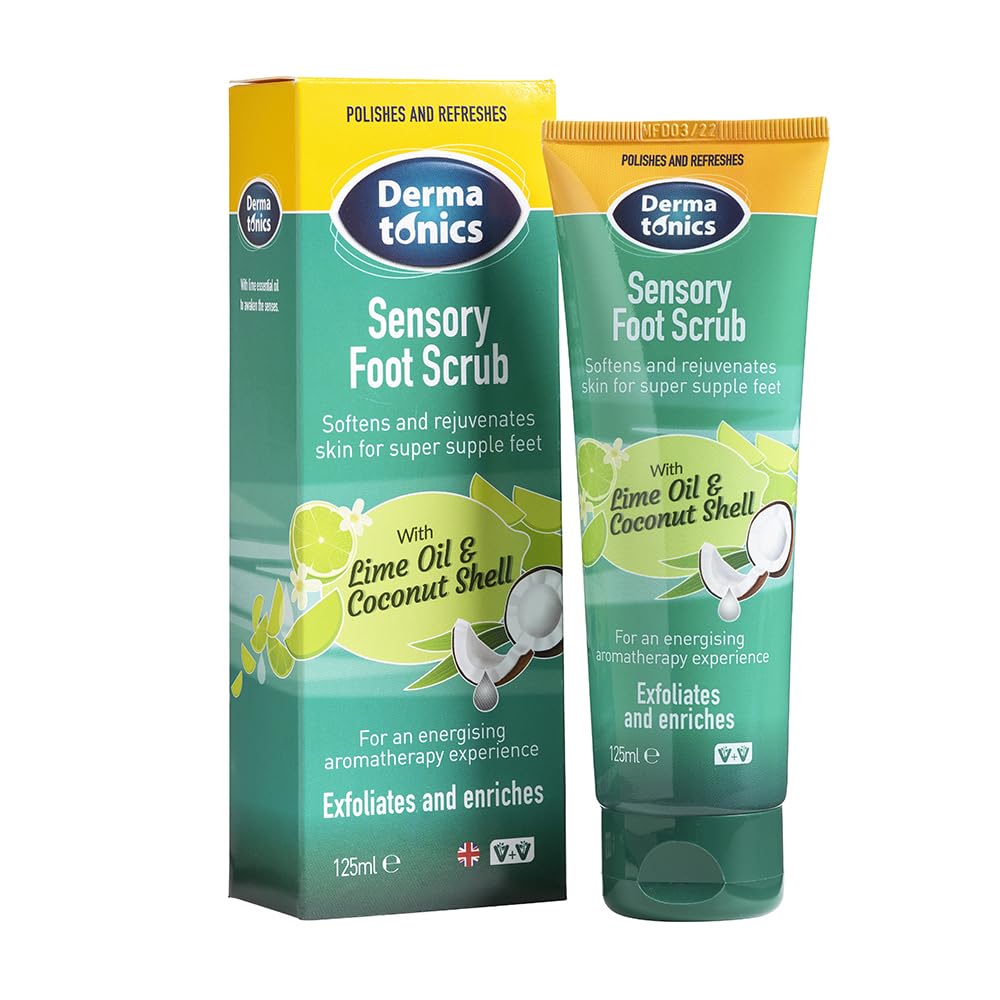 Dermatonics Sensory Foot Scrub | Exfoliates & Enriches | With Essential Lime Oil & Coconut Shell | Suitable for Diabetics & Vegans | Gently Buffs Away Hard Foot Skin | 125 ml