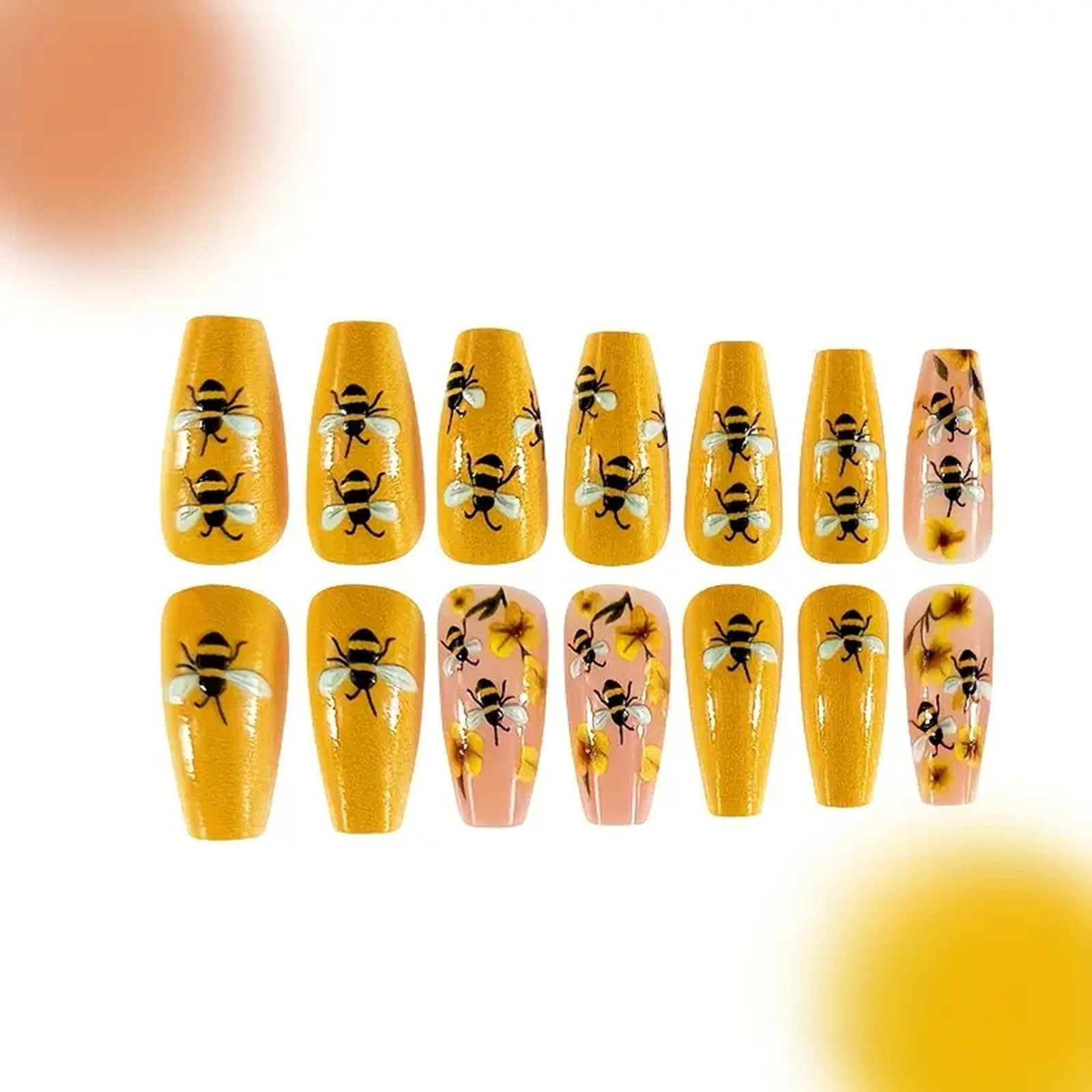 Coffin Press on Nails Yellow Fake Nails Spring Summer False Nails Medium Length Acrylic Nails Full Cover Stick on Nails with Bee Flower Design Cute Glossy Glue on Nails for Women Manicure Decoration - Image 2
