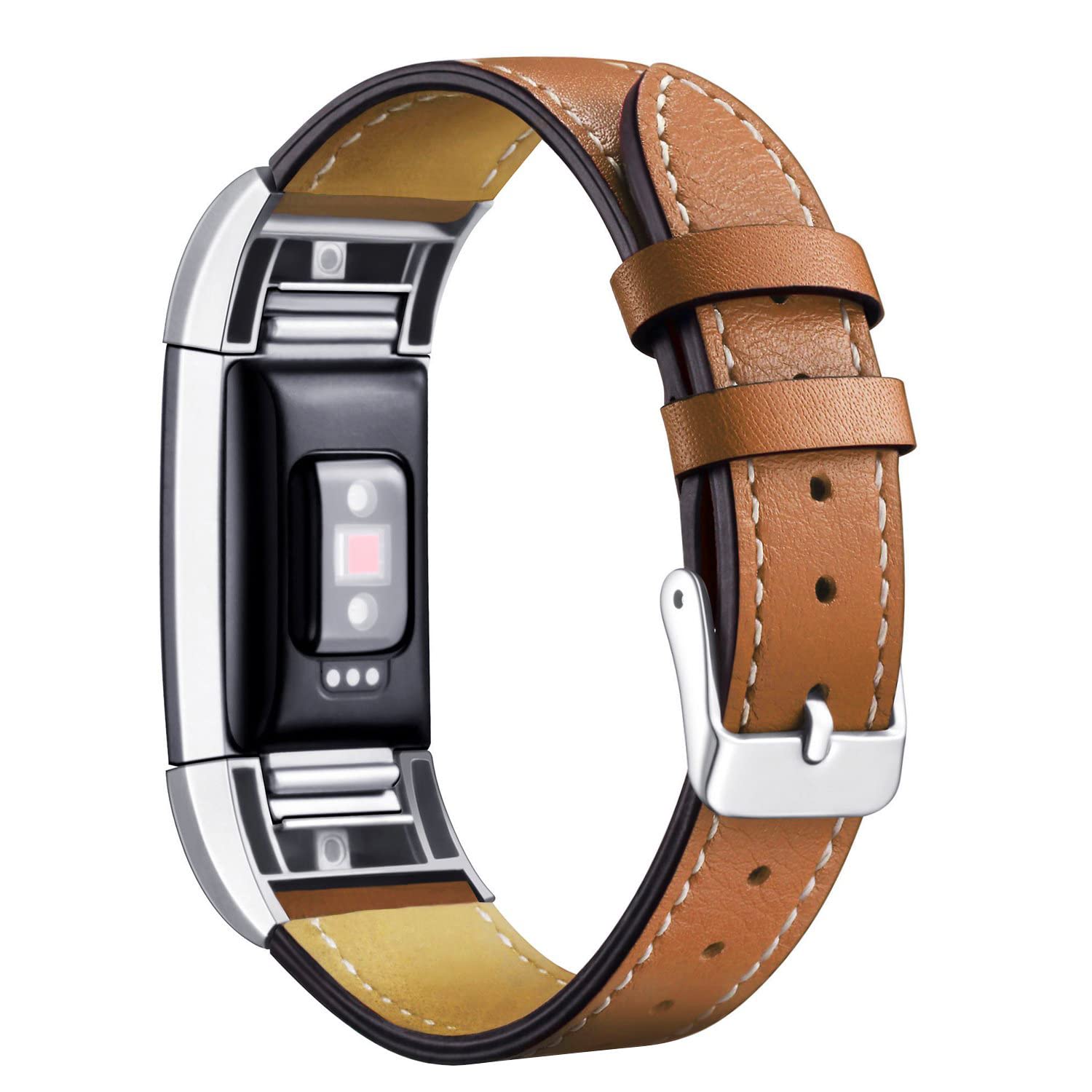 Photo 1 of Mornex Replacement Leather Band Compatible with Fitbit Charge 2, Classic Genuine Leather Wristband for Men Women (Brown-Silver Buckle)