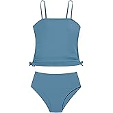 ADIRUN Girls Swimsuit Two Piece Bathing Suit Gingham Tankini Solid Color Bikini Set Drawstring Girls' Swimwear for 9-16 Years