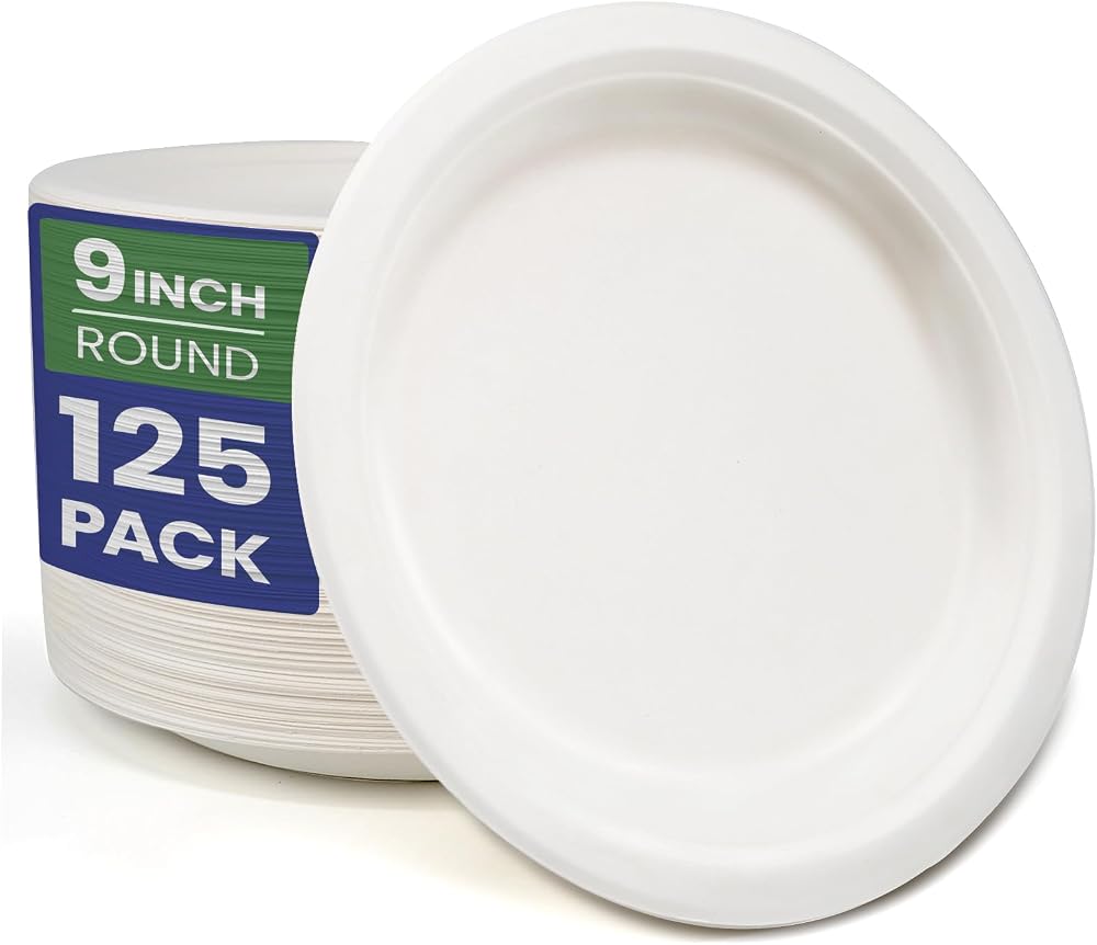 GreFusion 9 Inch Strong Paper Plates 125 Pack Sugarcane Eco Friendly White