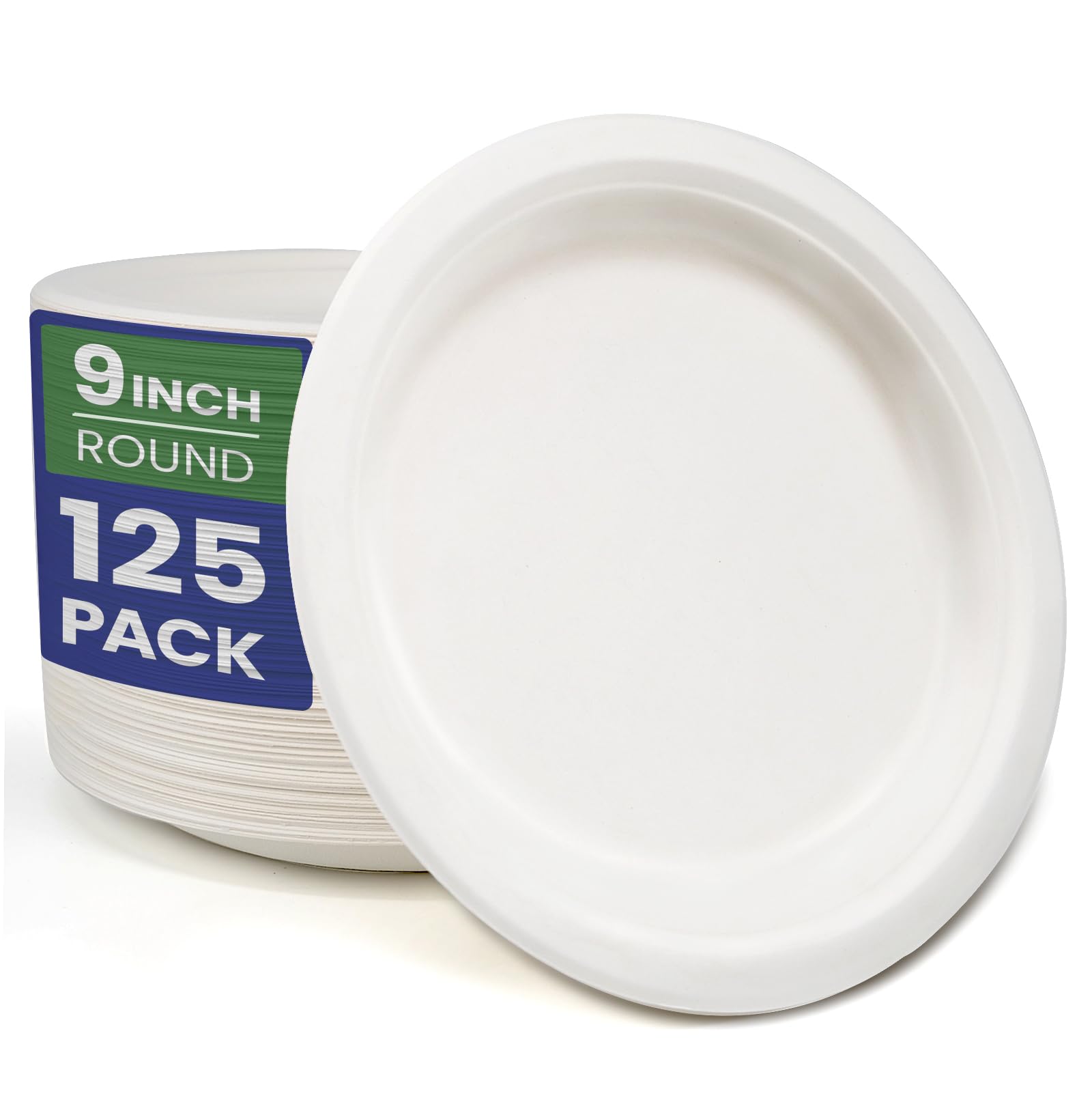 GreFusion 9 Inch Strong Paper Plates [125 Pack] Heavy Duty Disposable Plates Sugarcane Eco-Friendly White Party Plates