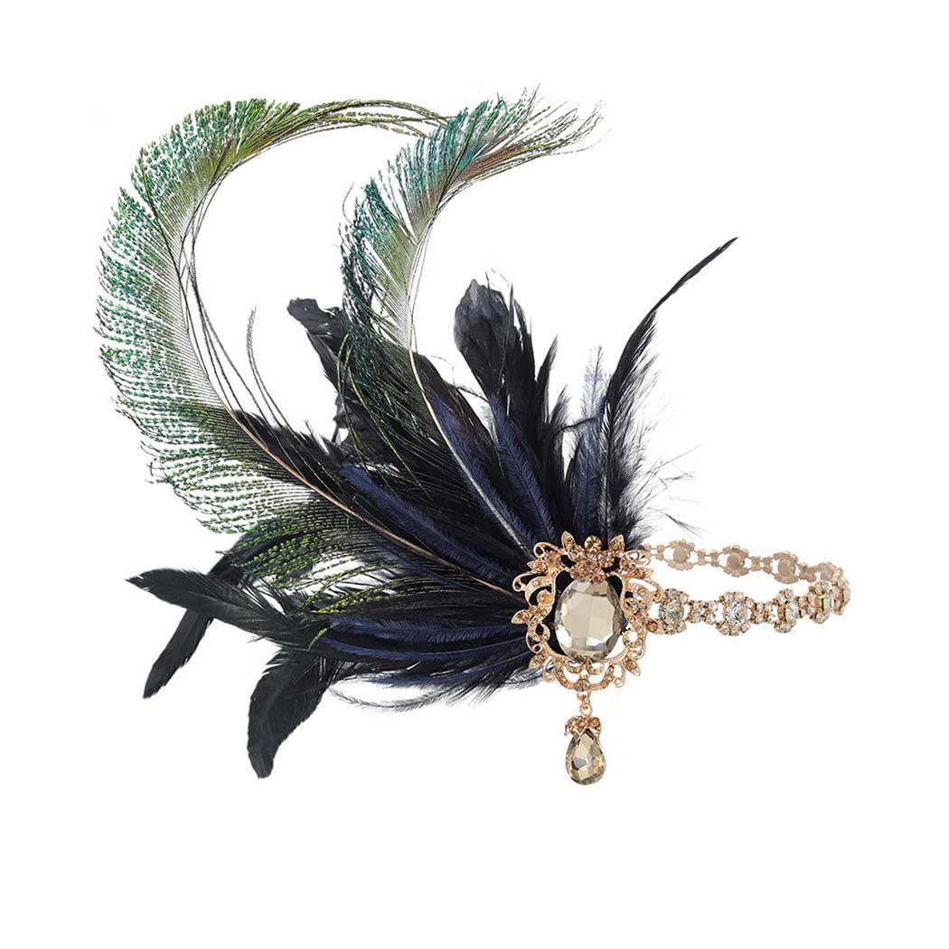IYOU Crystal Feather Flapper Headpiece Black Rhinestone Headband 1920s Gatsby Hair Accessories for Women Vintage Festival Prom Costume