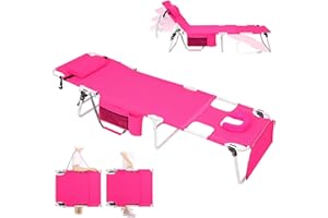 Minndudu Tanning Chair with Face Hole, Heavy Duty Outside Lay Flat Portable Folding Chaise Lounge Chair, with Arm Hole for Reading Beach Poolside Patio Sunbathing Lawn, 300 LBS, Pink